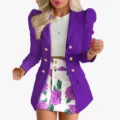 Elegant purple puff sleeve blazer suit set with floral printed skirt for women autumn. - S / Top And Bottom / Purple