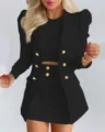 Women's black suit set featuring double-breasted blazer with gold buttons, top and matching skirt. - S / Top And Bottom / Black