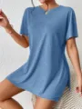 Detail view of casual solid color batwing sleeve split t-shirt and skinny shorts set in blue. - S / Top And Bottom / Teal
