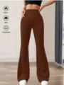 Einfarbige hochelastische Schlag Yogahose fuer Damen Freizeithose bequeme lange Sporthose - S / Karamellbraun