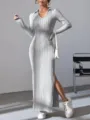 Detail view of women grey ribbed knit long sleeve polo maxi dress with side slit design. - S / Gray