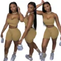 Women two piece set sleeveless crop top and shorts casual outfit detail view khaki color style - Khaki