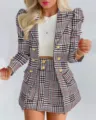Detailed view of women houndstooth blazer and matching skirt set with gold buttons style. - S / Top And Bottom / Black Plaid