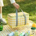 Geïsoleerde picknicktas grote capaciteit waterdichte koeltas buiten kamperen geel - Aluminiumfolie geel geruit