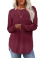 Women casual burgundy long sleeve ribbed knit sweater featuring stylish curved hem detail. - S / Red