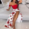 Boho floral two-piece set, off-shoulder red crop top and high-slit maxi skirt for summer. - S / Set / Red Flower
