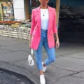 Pink lapel mid-length suit jacket detail, elegant women casual blazer showing street style look. - S / Rose Red