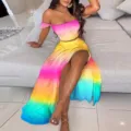 Detail view of the vibrant gradient off-shoulder crop top and high slit skirt two-piece set. - S / Set / Gradient Rainbow