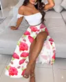 Detailed view of women summer two-piece outfit featuring white crop top and floral maxi skirt. - S / Set / White Floral