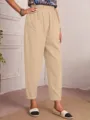 Khaki cotton casual cropped pants with elastic waist and practical side pockets. - S / Khaki