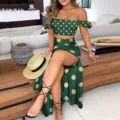 Detailed view of the green polka dot off-shoulder crop top and high slit skirt two-piece set. - S / Set / Green Polka Dot
