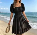 Casual black square neck short sleeve smocked waist ruffle hem mini dress for summer - S / Black
