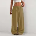 Pantaloni casual da donna tinta unita larghi strutturati con coulisse e gamba larga. - Kaki