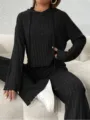 Women autumn winter casual knit long sleeve hooded sweatshirt and loose long pants set. - S / Top And Bottom / Black