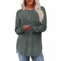 Women Green Ribbed Long Sleeve Crewneck Top Casual High Low Curved Hem Pullover Sweater - Dark Green