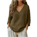 Femme Manches Longues Col V Ample Haut Casual Printemps Été Mode Couleurunie Blouse - S / Café