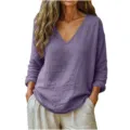 Top da donna casual largo a maniche lunghe con scollo a V moda primaverile tinta unita - Taglia S / Verde militare