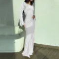Women elegant long sleeve white maxi dress casual loose fit stylish design apparel. - S / White