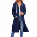 Long sleeve hooded cardigan detail shot showing the relaxed fit and casual style of the outerwear. - S / Navy Blue