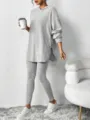 Women Ribbed Knit Hoodie And Leggings Set Autumn Casual Two Piece Lounge Grey Outfit - S / Gray
