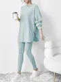 Light green ribbed knit hoodie and matching leggings set, comfortable casual loungewear. - S / Sky Blue