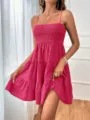 Summer women's solid color textured spaghetti strap mini dress with tiered layered skirt. - Rose Red