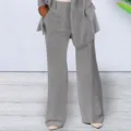 Detailed view of women's solid color slim blazer and pants suit set for elegant daily wear. - Gray Pants / S