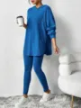Blue ribbed loose hooded long sleeve top and leggings set, casual autumn winter outfit - S / Sapphire Blue