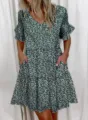 Women summer green floral v-neck dress short ruffle sleeve casual tiered pocket dress - S / Green