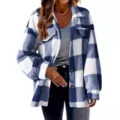 Femme bleu blanc carreaux veste polaire hiver decontracté bouton revers poche manteau chic - S / Bleu