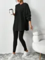 Black ribbed knit hoodie and leggings two-piece set, casual long sleeve outfit for women. - Black