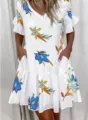 Detailed view of floral print V-neck short sleeve casual dress with ruffle hem - Leaf