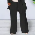 Details of the elegant solid color blazer and wide leg trousers suit for women, perfect for spring. - Black Pants / S