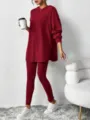 Women ribbed knit hooded top and leggings lounge set long sleeve casual outfit winter - Burgundy