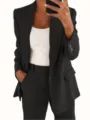 Women solid color casual blazer jacket and trousers suit set for daily wear fashion. - S / Tops / Black