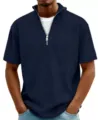Men's navy blue ribbed half-zipper short sleeve polo shirt detail view closeup apparel. - S / Navy Blue