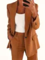 Women's brown blazer and pants suit set, elegant casual two piece outfit for spring. - S / Tops / Khaki