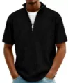 Men casual half zip ribbed short sleeve t shirt solid color slim fit summer knit top - S / Black