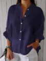 Details of the loose long-sleeve turn-down collar blue shirt, casual spring wear style. - S / Dark Blue