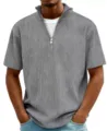 Mens grey half-zip ribbed short sleeve t-shirt casual summer top for daily wear now - S / Gray