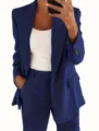 Women royal blue blazer suit set slim cardigan trousers and white inner top for spring. - S / Tops / Navy Blue