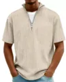 Men's khaki ribbed knit short sleeve half zip polo t-shirt casual summer top wear. - Khaki