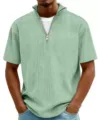 Men's casual half-zip ribbed short sleeve t-shirt, solid color light green summer top. - Light Green