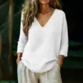 Femme Casual Ample Manches Longues Col V Blanc Blouse Printemps Mode Unie Élégant - S / Blanc