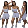 Grey two piece set crop top and biker shorts for women casual sleeveless summer outfit details. - S / Set / Gray