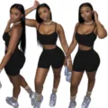Women black casual two piece set sleeveless crop top and biker shorts activewear outfit. - Black