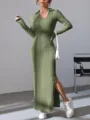 Ribbed knit long sleeve maxi dress detail showing collar V-neck and high side slit style. - S / Army Green