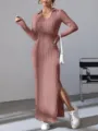 Elegant long sleeve lapel knitted maxi dress, slim fit design for autumn fashion. - Lotus root pink