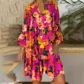 Boho floral print long sleeve swing dress, retro V-neck tiered maxi dress for women. - S / Rose Red