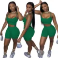 Women green two piece set sleeveless crop top bodycon shorts casual outfit summer activewear - Green